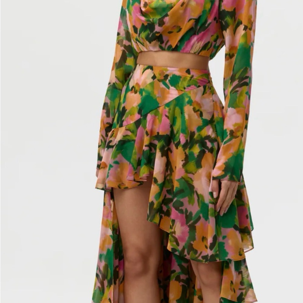 naked wardrobe Green Pink Yellow Floral Watercolor Maxi Skirt